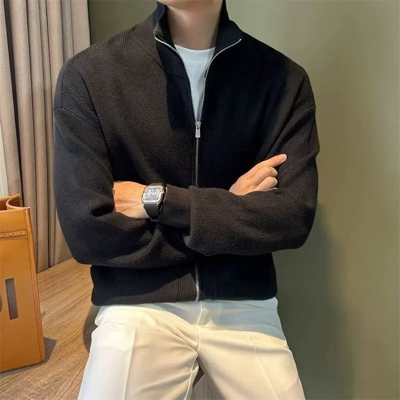 Men's Versatile Solid Zip-up Cardigan Slim Fit Stand Collar Sweater Qme black XXL