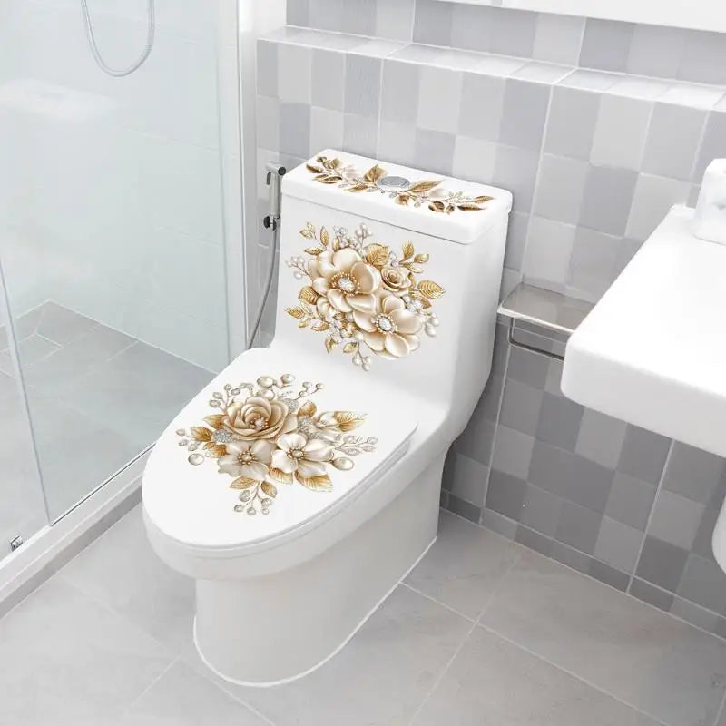 .Luxury Gold Pearl Floral Toilet Sticker Waterproof Self-Adhesive Bathroom Decor Sticker Wall Stickers Home Decoration Stickers. Qme