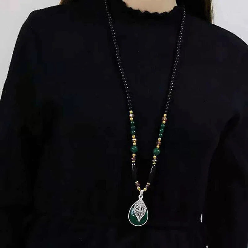 Fashion Black Beads Chain Long Necklaces Green Stone Water Drop Pendant Necklace Sweater Chain Jewelry For Women Gift Qme Default Title