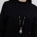 Fashion Black Beads Chain Long Necklaces Green Stone Water Drop Pendant Necklace Sweater Chain Jewelry For Women Gift Qme Default Title