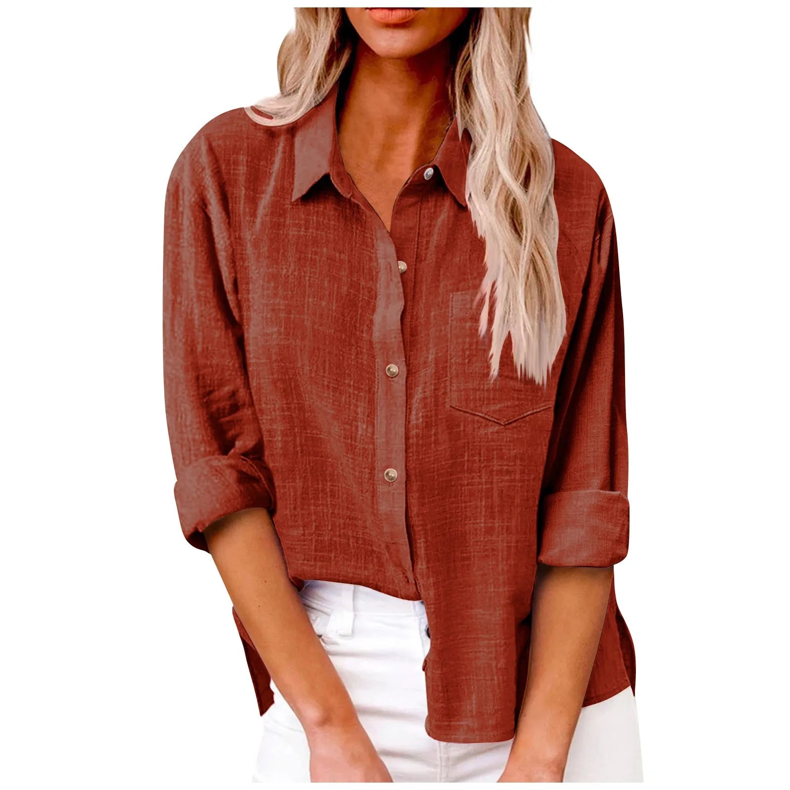 Women’s Long Sleeve Turn Down Collar Solid Color Retro Versatile T-shirts Large Sized Daily Basic Minimalist Dress Shirt For Lad Qme Vermilion XXXL