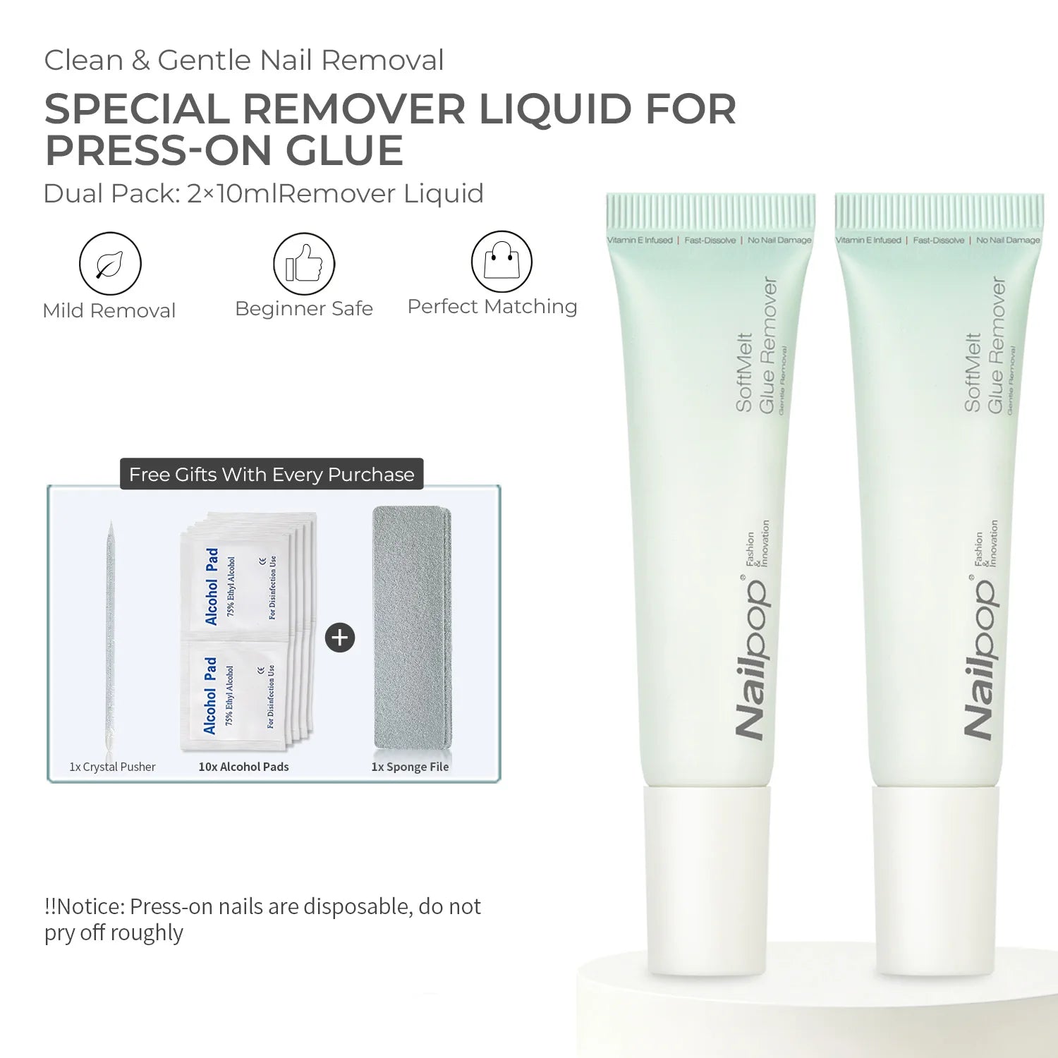 Nail Glue Gel Remover Strong Adhesive Press Nails Quick Dry Plant Qme N-Remover 2pcs