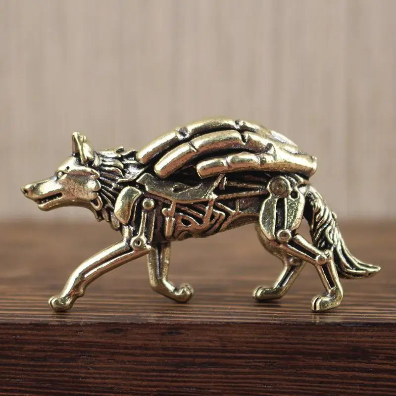 Pure Brass Wolf Statue Desktop Ornament Tea Set, Vintage Bronze Animal Figurine Miniature Decoration Qme
