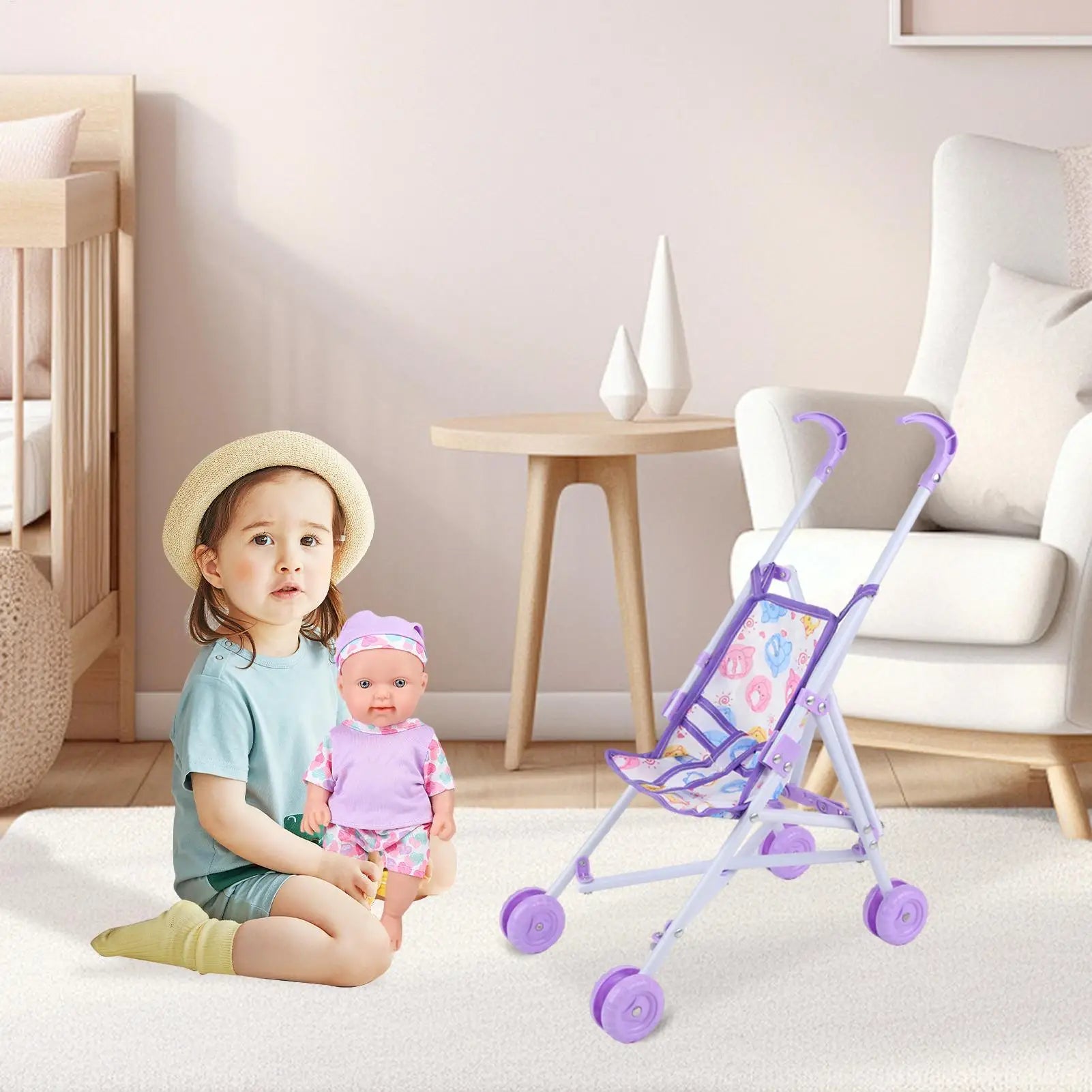 Girl Doll Toy Stroller Realistic Stroller Toy Role Play Pretend Doll Pram Dress Up Game Accessories for Home Birthday Qme