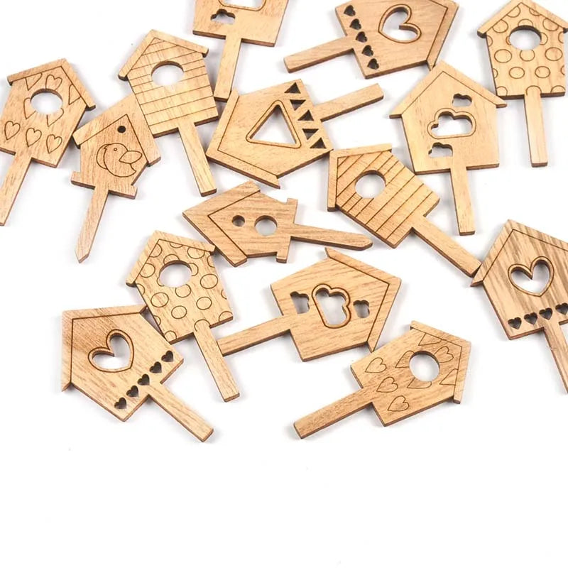 25Pcs 3x5cm Natural House Pattern Wooden Board Insert Ornaments Flowerpot Card Kids Supplies Wood DIY Crafts Home Decor Arts Qme