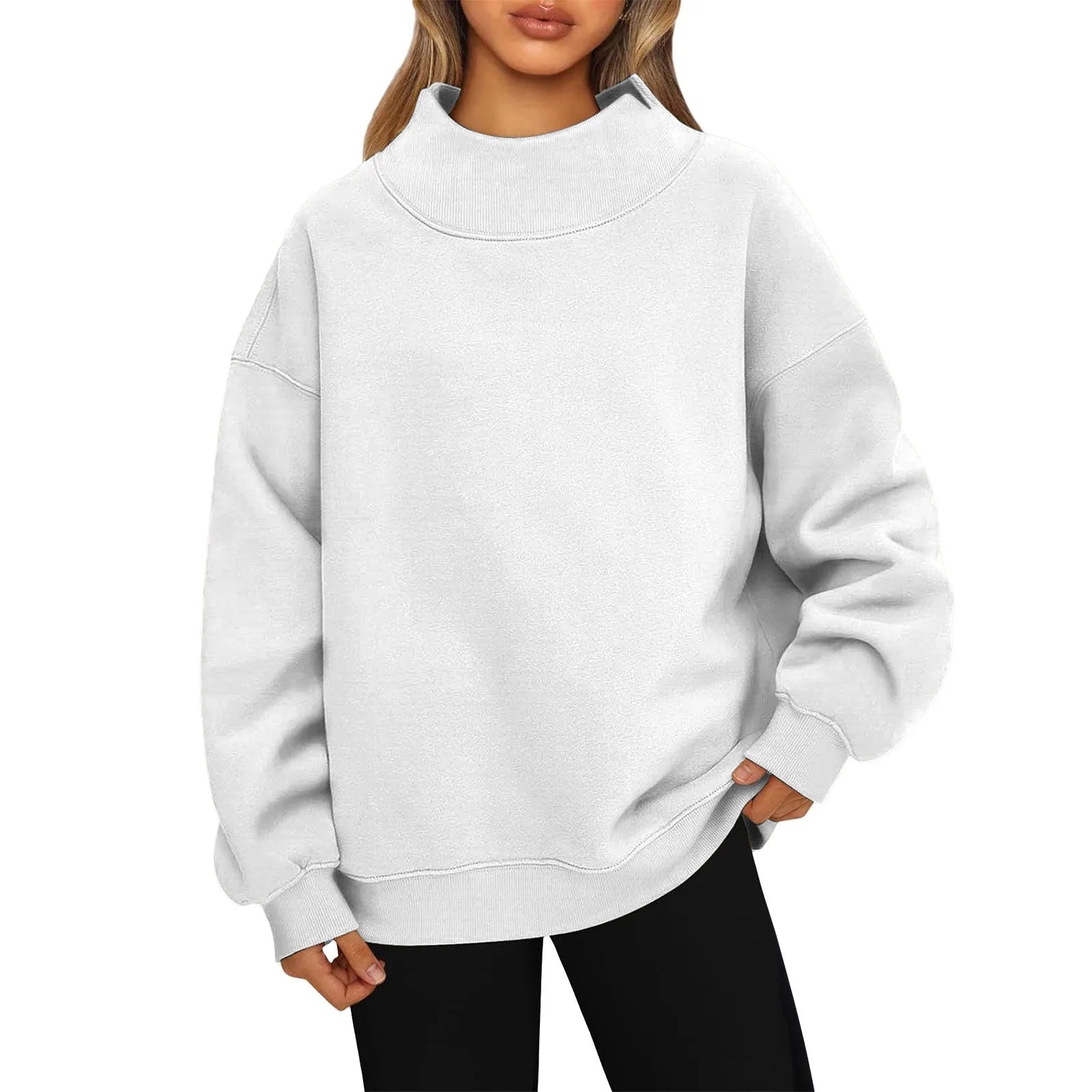 Fashionable Loose High Neck Long Sleeved Solid Color Hoodie for Lady Lazy Style Basic Casual Commuted Pullover Top Qme White XL