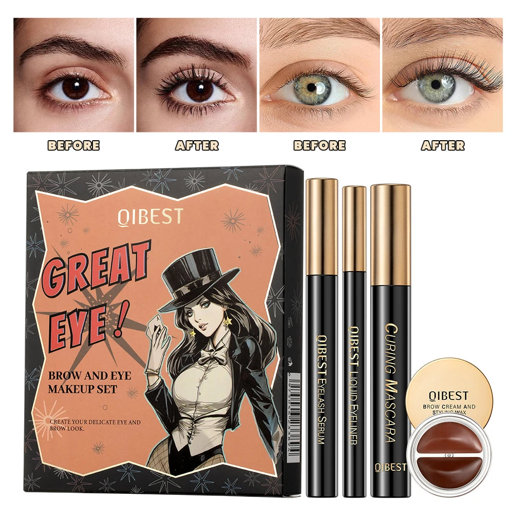 QIBEST 4 Pcs Eye And Eyebrow Makeup Set Black Mascara Eyelash Growth Serum Liquid Eyeliner Brow cream 4 Styles Cosmetic For Eyes Qme Eyes Makeup Sets