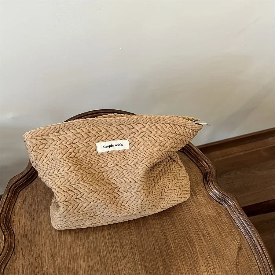 Nordic Style Embossed Weave Makeup Storage Bag Soft Fabric Cosmetic Pouch Portable Travel Toiletry Organizer Purse Qme Khaki
