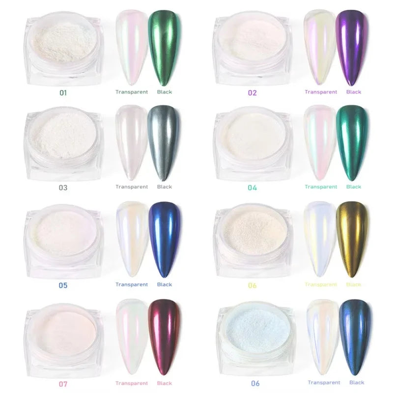 12Pcs/Set Aurora White Nail Mirror Powder 0.3g/Jar Shimmer Moonlight Chrome Pigment Dust for UV Gel Polish Manicure Decorations Qme