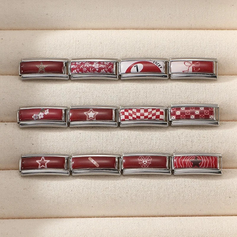 Fashion Personalized DIY Red Color Italian Charm Bracelet Stars Grids Bow Spider Web Bead 9mm Bracelet Stainless Steel Jewelrys Qme