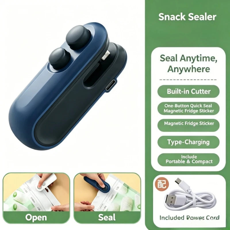 Mini Sealing Machine USB Rechargable Heat Sealer Storage Bag Plastic Package Food Sealer Clip Bag Handheld Food Heat Sealer Qme 1pc-blue