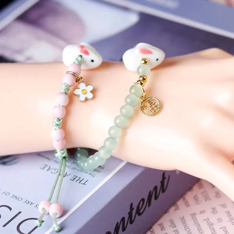 Cute Charming Rabbit Ceramic DIY Crystal Bracelet Men and women lucky pendant woven bracelet Young fashion jewelry accessories Qme