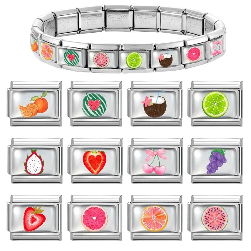 2025 Lemon Strawberry Guava Grape Colorful Fruit Series Italian Charm Link fit 9mm Stainless Steel Jewelry DIY Making Bracelets Qme