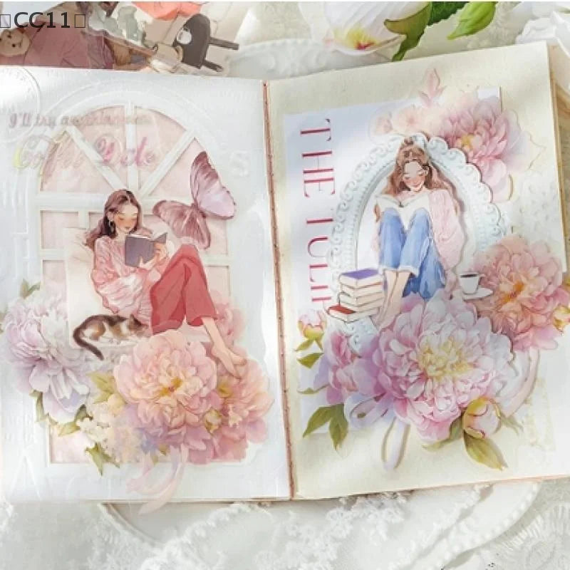 CC1130 Aesthetic Decals Labels Reading Girl Stickers Decorative Diary Qme