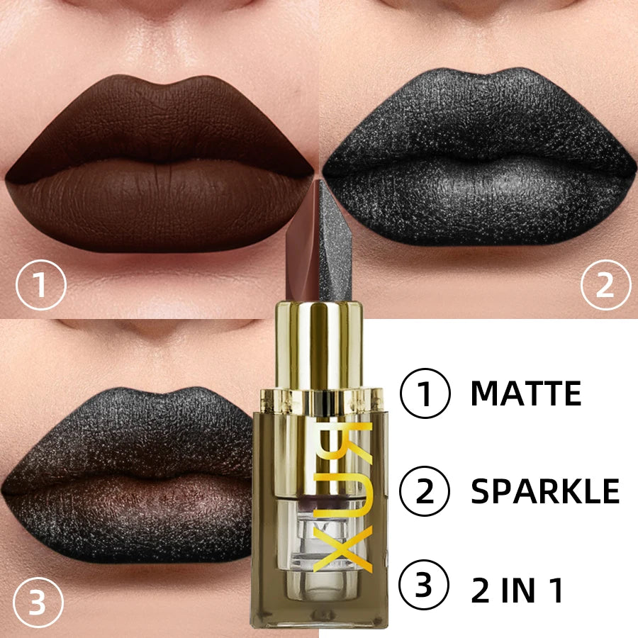 Two Tone Chocolate Lipstick Waterproof Glitter&matte Lip Tint Red Qme