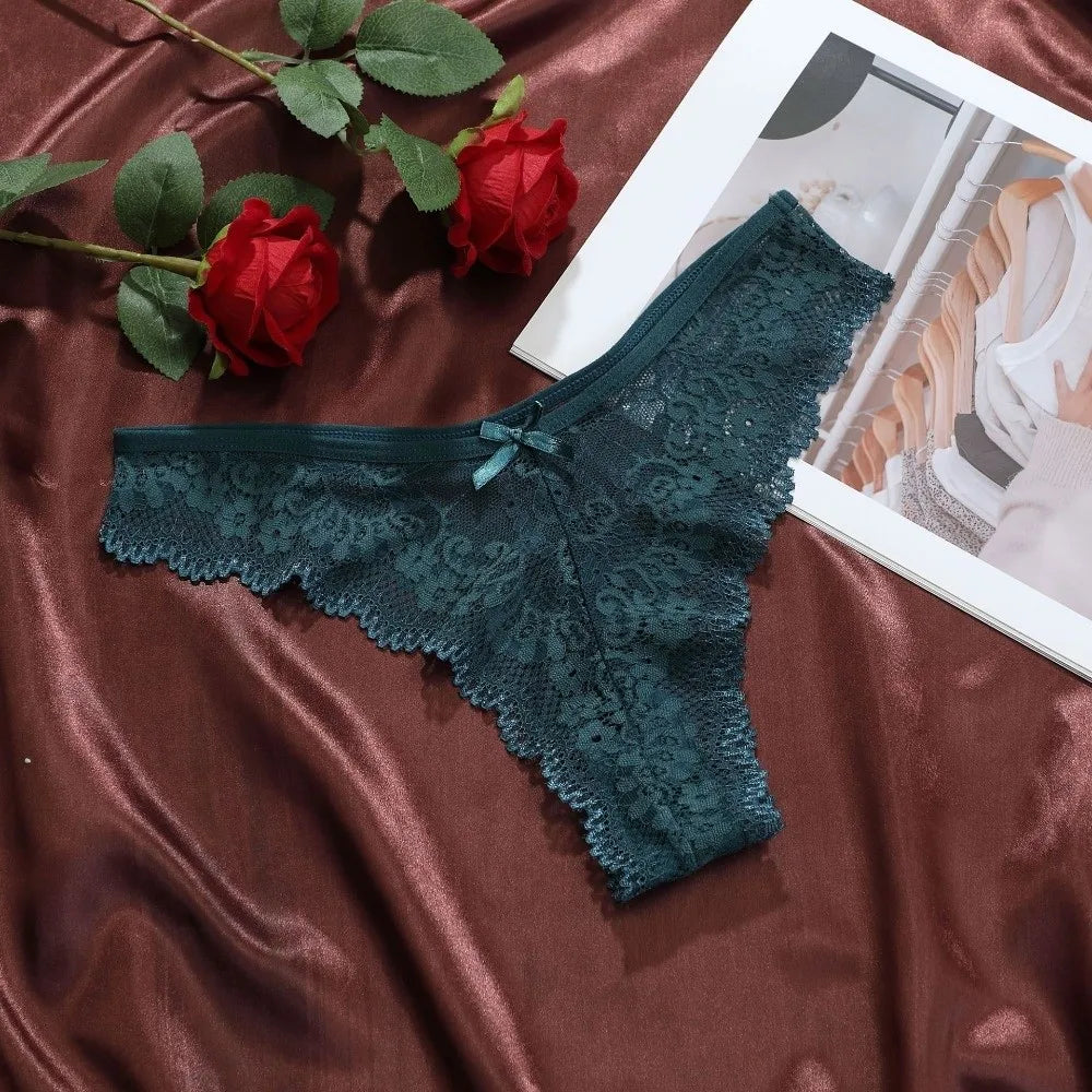 Cotton Crotch Women Lace Flower Briefs Low Waist Traceless Thong Qme Green L 1pc