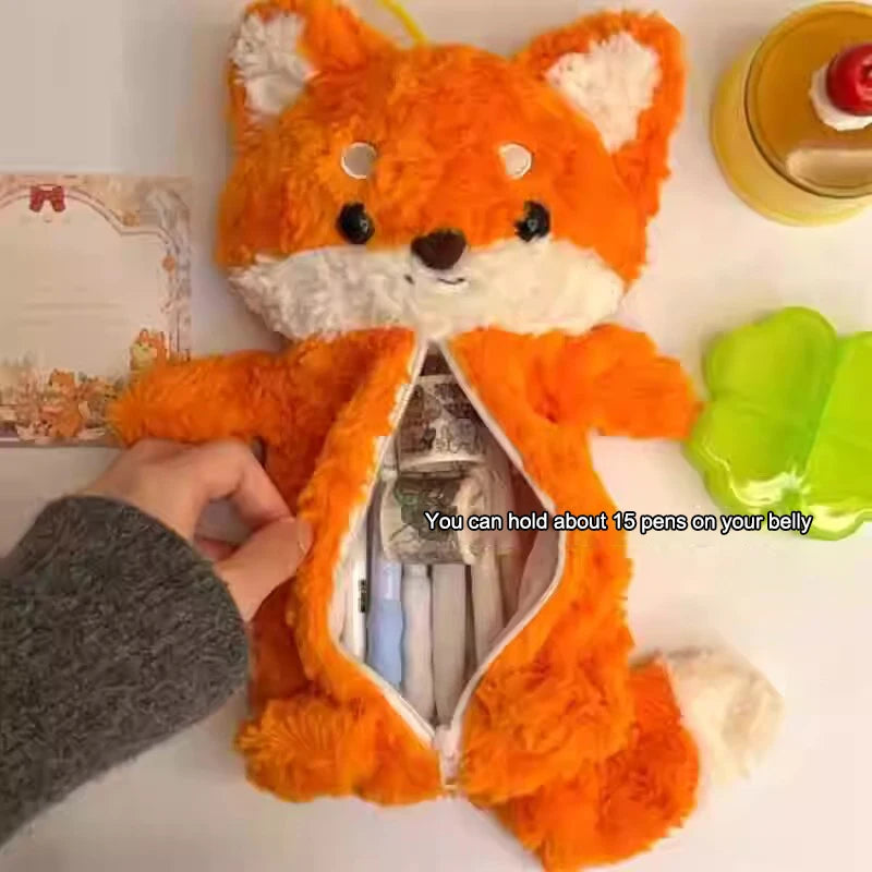 Students Cute Fox Doll Plush Pen Bag Cartoon Animal Pencil Case Large Qme