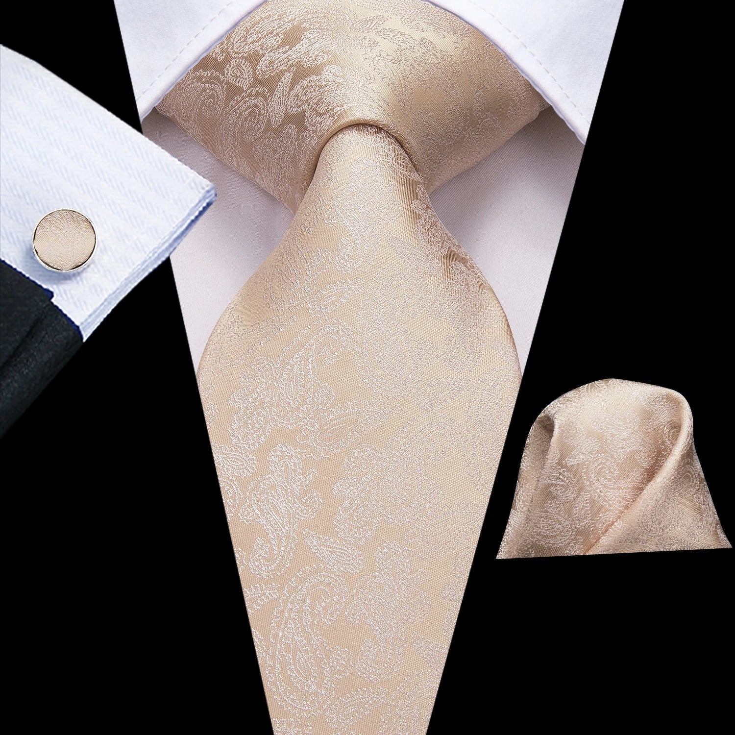 Hi-tie Floral Champagne Ivory Mens Elegant Necktie Handkerchief Qme N-3157