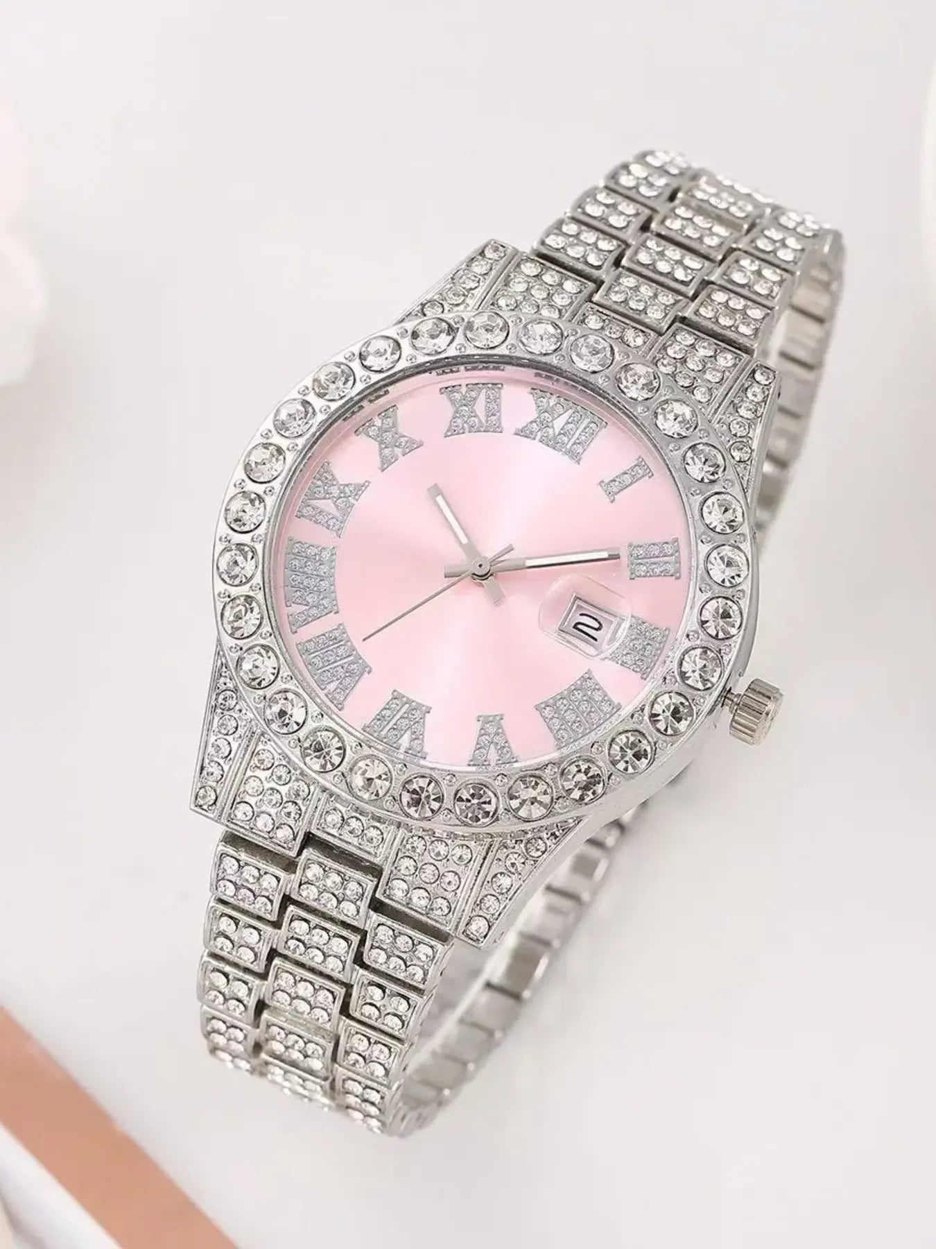 Trendy Silver Plated Full Diamond Women Quartz Watch Multipack Pink White Rhinestone Cuban Bracelet Cross Necklace Street Jewelr Qme