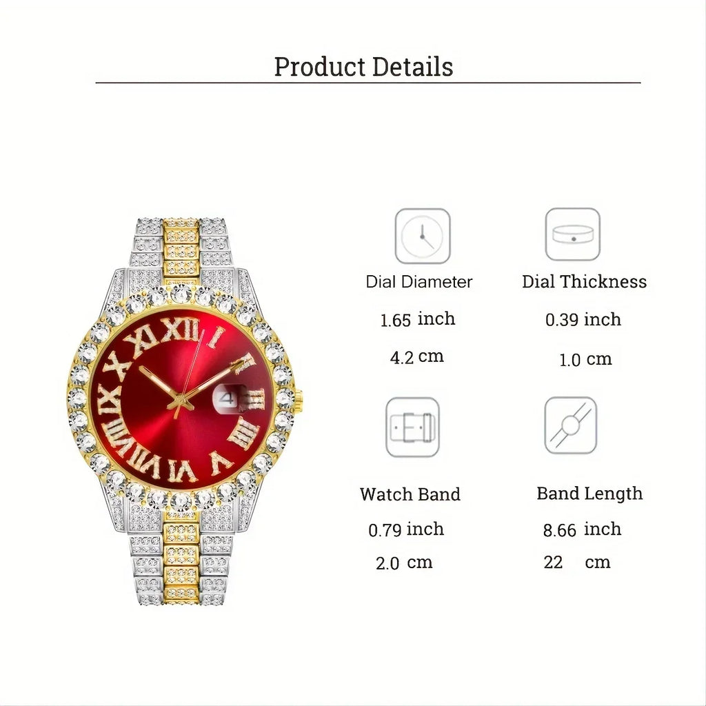 A08095-2 Full Faux Diamond Iced Out Steel Strap Large Dial Quartz Watch Hip Hop Watch Qme