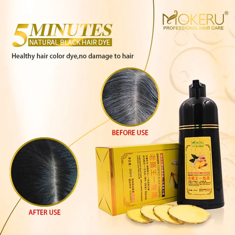 MOKERU Fast Black Color Dye Organic Ginger Hair Black Dye Shampoo for Women Anti Gray Hair 5 Mins Permanent Dye Black Qme