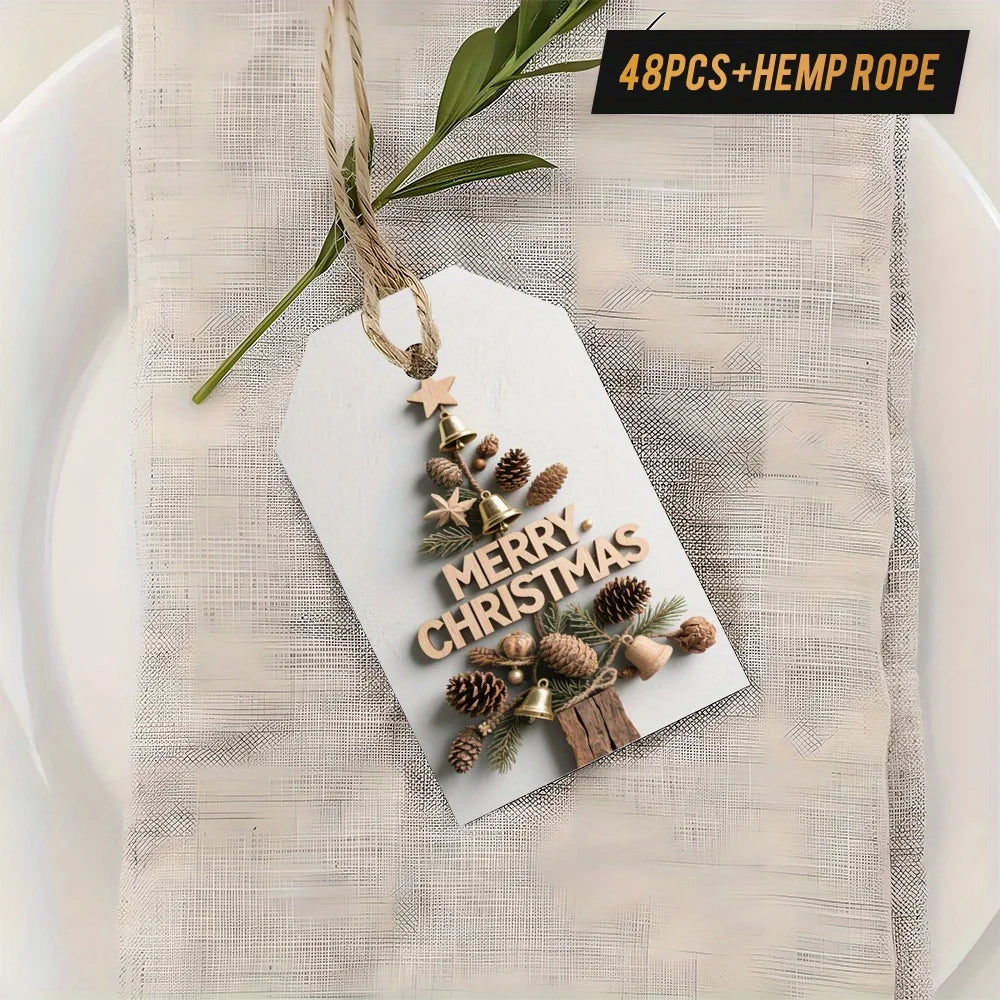 48pcs Vintage Christmas Gift Tags with Hemp Rope Classic Holiday Tags Tree Decorations Presents Packaging Label Party Decoration Qme