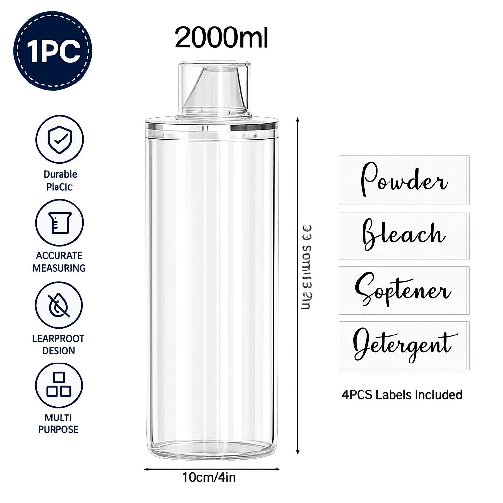 Clear Laundry Detergent Dispenser Container with Measuring Cup Lid, Cylindrical Airtight Canister for Laundry Powder Liquid Soap Qme 2000ml with labels