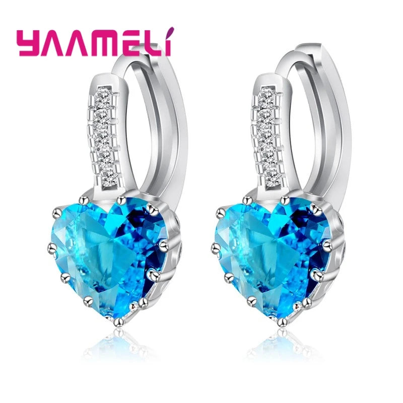 Big Sale 925 Sterling Silver Color Loop Hoop Earrings Candy Cubic Zircon Charms Women Jewelry Wedding Accessory Brincos Qme Sky blue heart