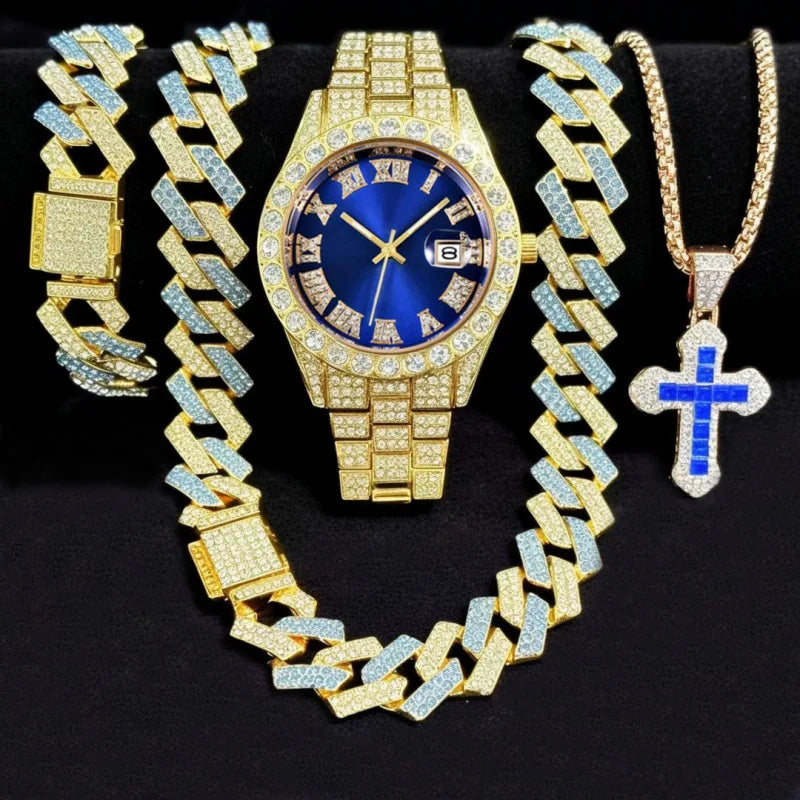 Men's Bling Jewelry Set: Gold Iced Out Watch + Two-tone Cuban Link Chain + Bracelet + Blue Cross Pendant Necklace, 4Pcs Hip Hop Qme Bronze
