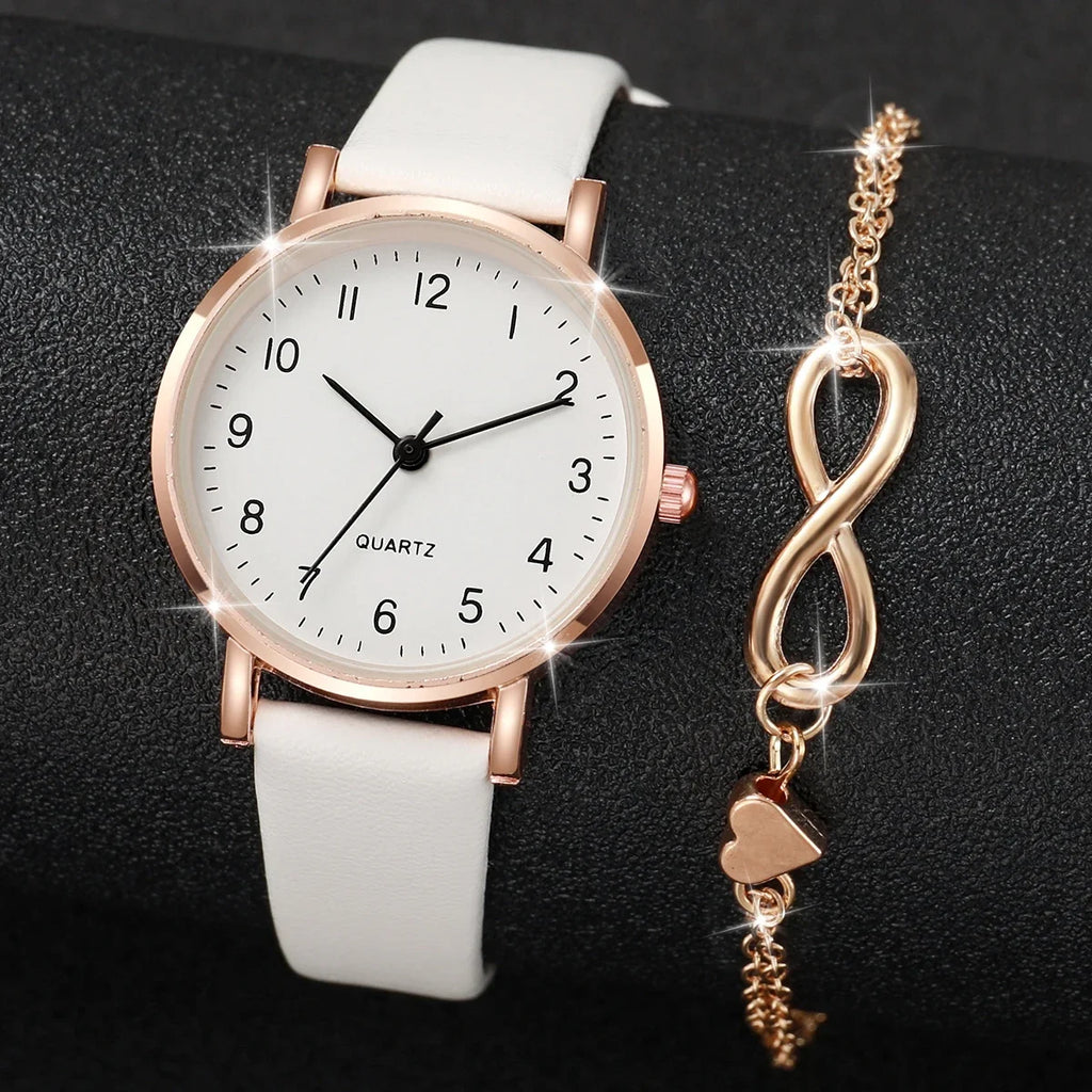 2Pcs Infinity Heart Watch Bracelet Set Women White Leather Round Dial Quartz Wristwatch Rose Gold Charm Bracelet Jewelry Gift Qme