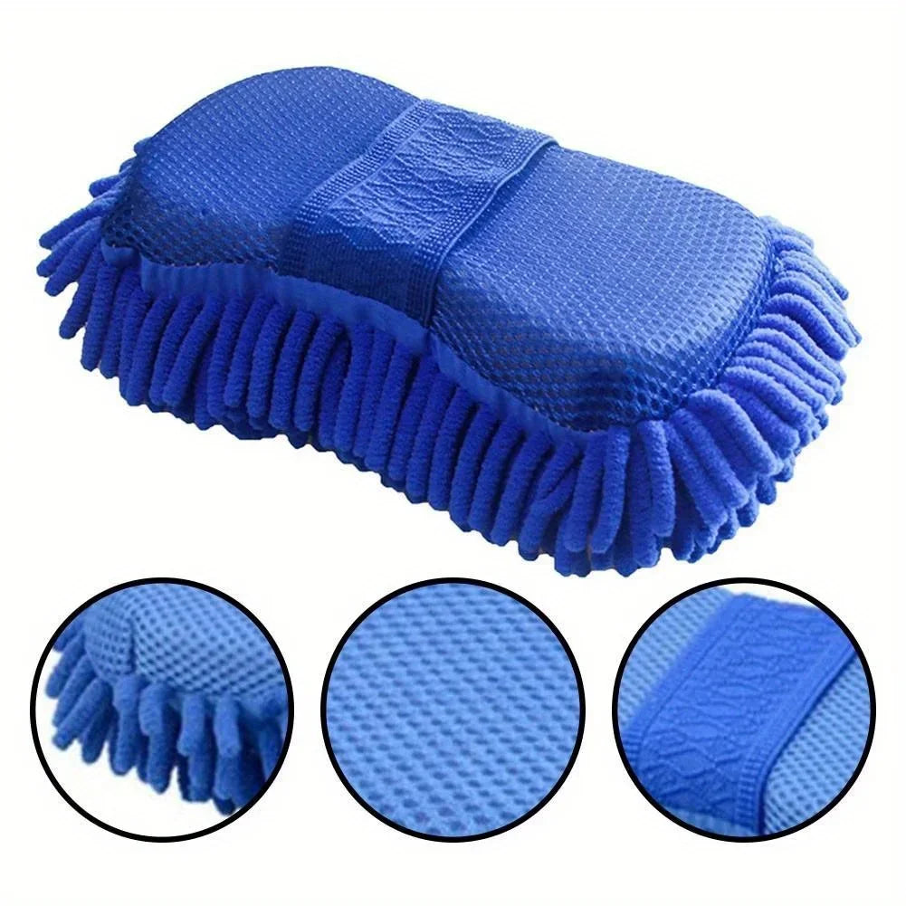 1pc Blue Microfiber Chenille Car Wash Sponge | Care Washing Brush Pad, Auto Washing Towel Gloves Styling Accessories Qme