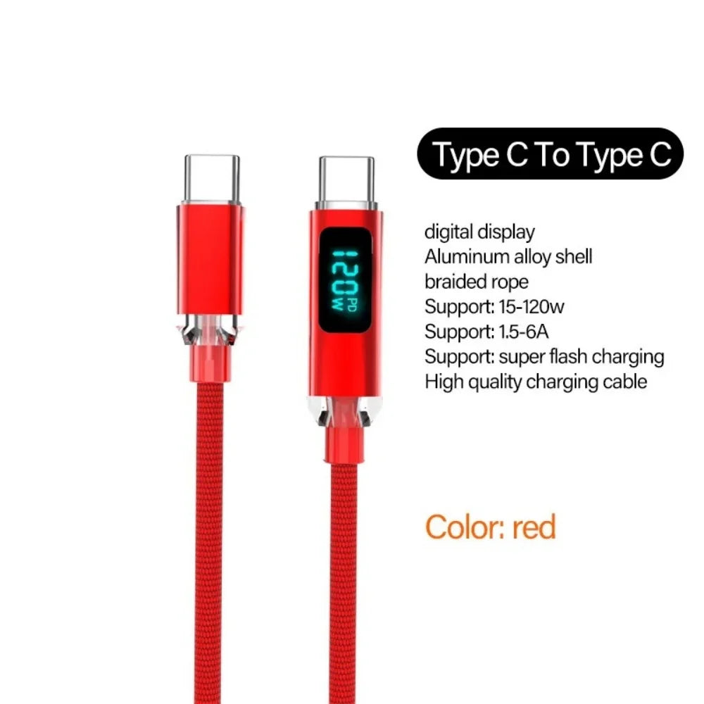 120W Digital Display USB Type C Fast Charging Wire Nylon Braided Dual USB-C Data Cable PD Quick Charge for IPhone 16 Pro Samsung Qme Red 1.5m