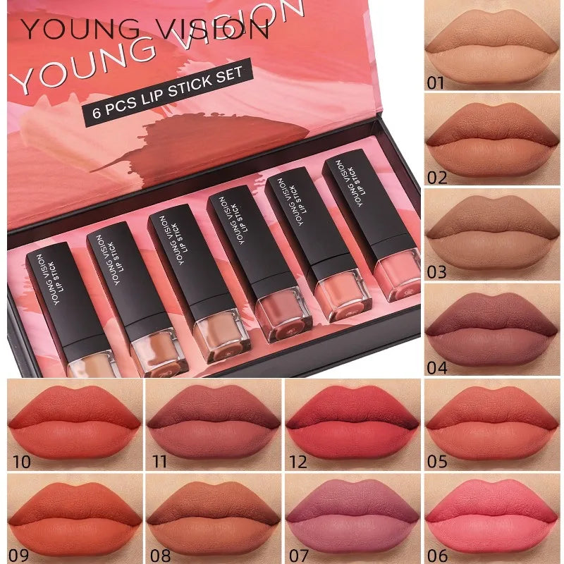 6 Pcs Velvet Matte Lipstick Set, Cotton Soft Silky Smooth Non Drying Lipstick, Long Lasting Waterproof Lip Makeup Gift Box Qme