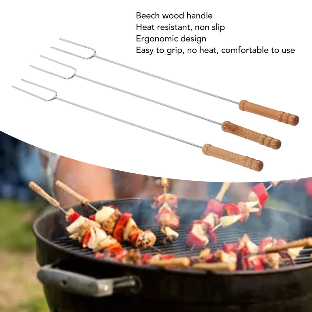 3Pcs BBQ Roasting Sticks Stainless Steel Barbecue Forks with Beech Wood Handle 47.2cm for Camping Outdoor Grill Qme