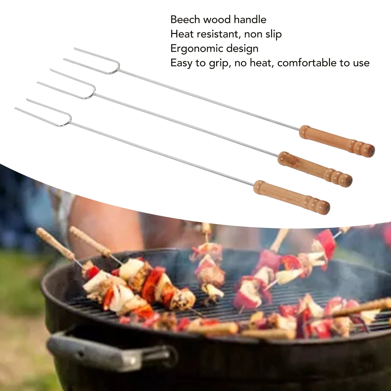 3Pcs BBQ Roasting Sticks Stainless Steel Barbecue Forks with Beech Wood Handle 47.2cm for Camping Outdoor Grill Qme
