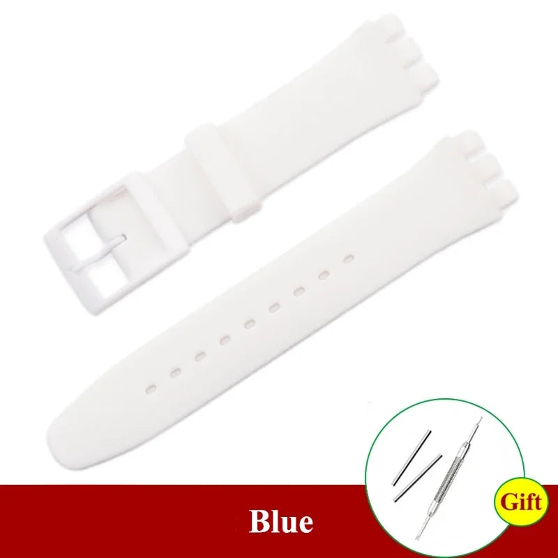 16mm 17mm 19mm 20mm Soft Silicone Bracelet Colorful Watchband for Swatch Watch Strap Replacement Watches Accessories with Tool Qme White 19mm