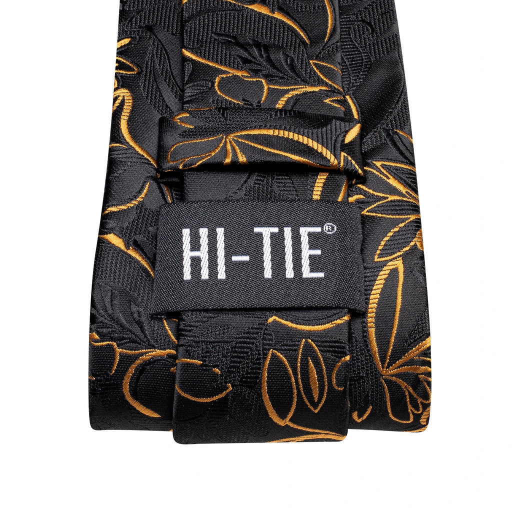 Hi-tie Luxury Box Black Gold Flower Pattern Tie Soft Men's Qme