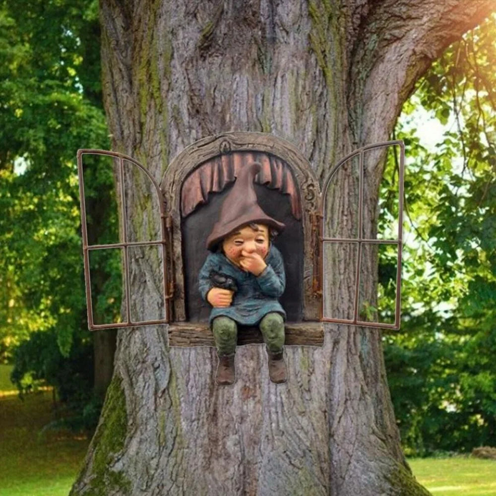 Creative Garden Statue Elf Go Out Tree Hug Suitable Home Courtyard Qme