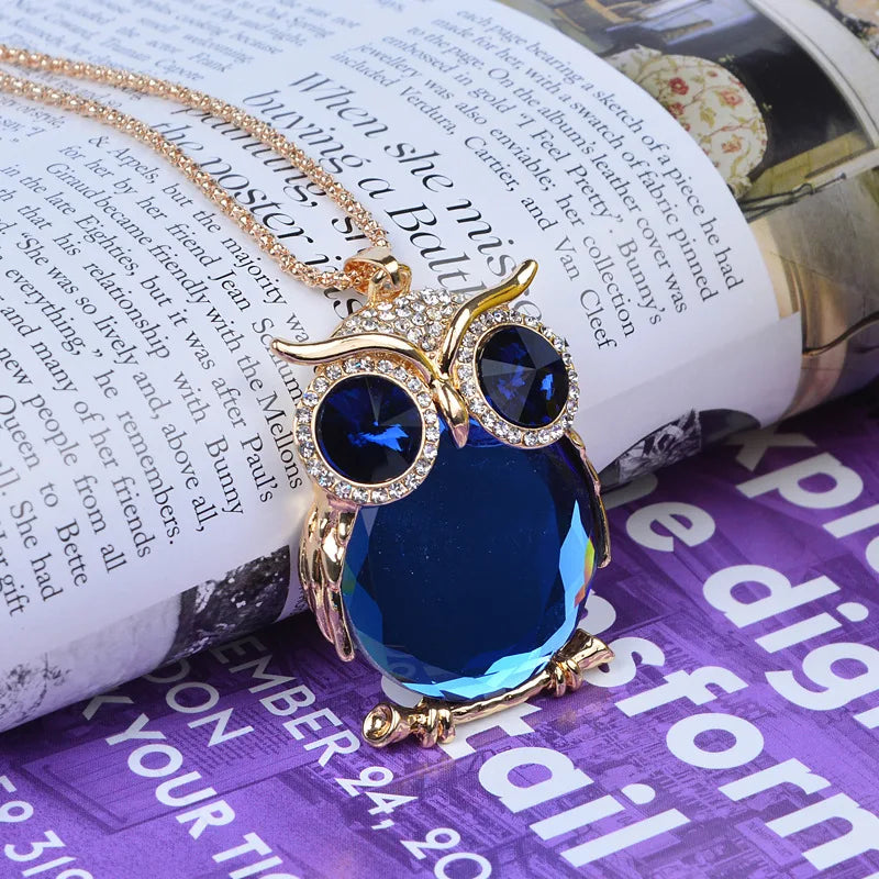 New Vintage Crystal Owl Necklaces Fashion Design Pendant Necklace Women Sweater Chain Jewelry Clothing Accessories Qme gold royal blue 80cm