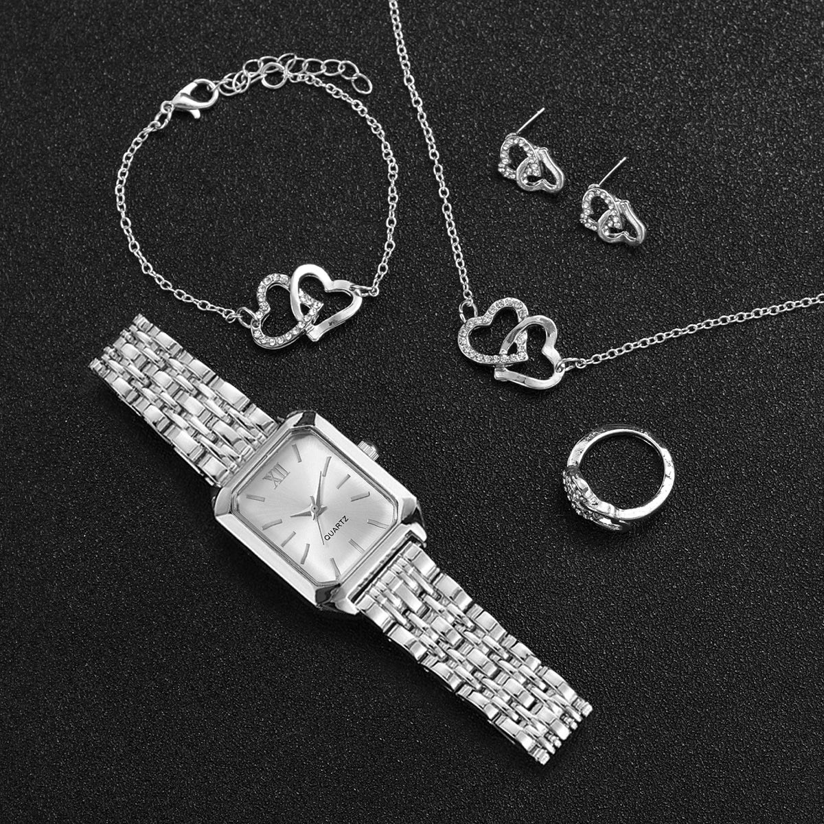 6PCS/Set Fashion Rectangle Roma Dial Women Quartz Watch Ladies Wristwatches With Heart Jewelry (Without Box) Qme