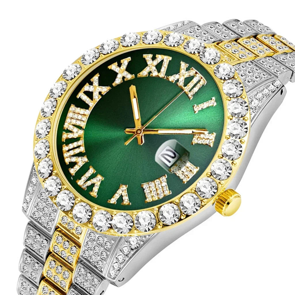 Iced Out Watch Men Luxury Brand Full Diamond Mens Watches AAA CZ Quartz Men's Watch Waterproof Hip Hop Male Clock Gift for Men Qme green