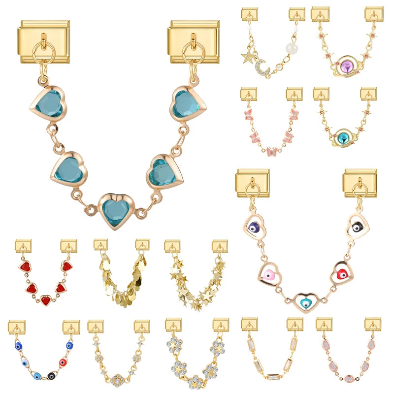 Blue Red Heart Zircon Long Tassel Eyes Moon Stars Planet Italian Charm Links Fit 9mm Bracelet Stainless Steel DIY Jewelry Making Qme