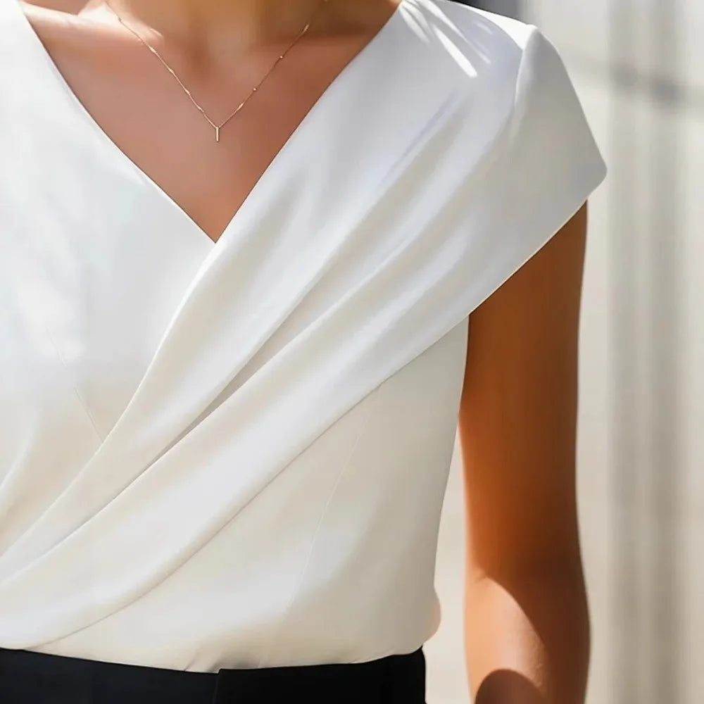 Fashion Short Sleeve V-neck Wrap Pleated Pullovers T-shirt Summer Qme
