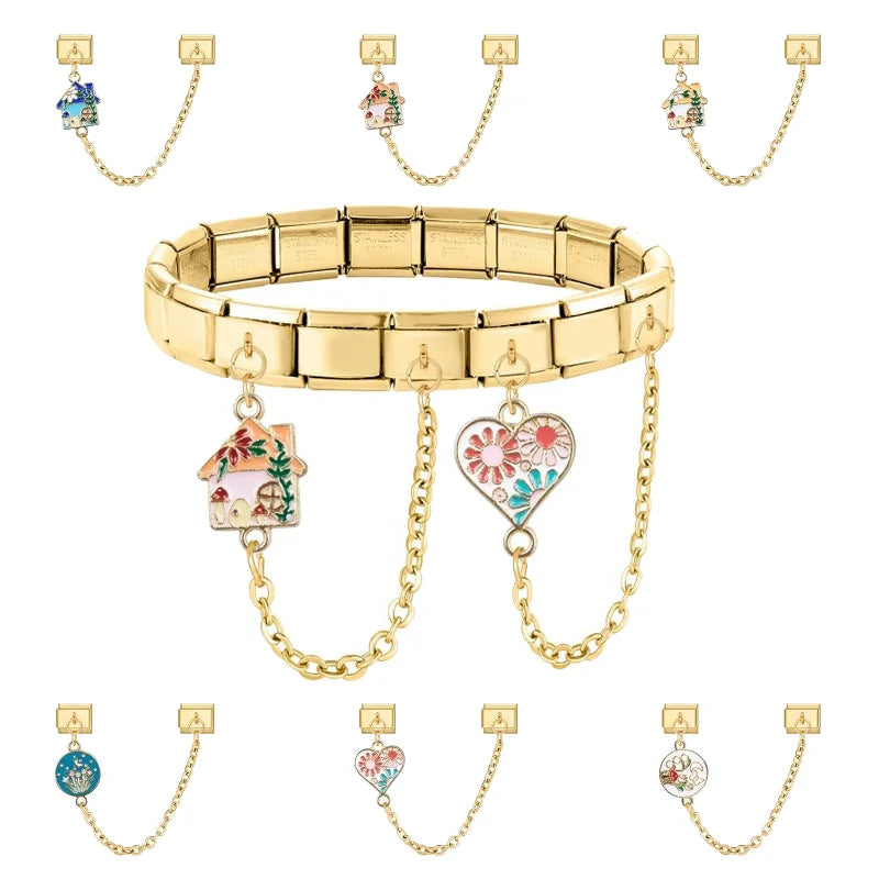 2025 New Heart Flowers Home Golden Women Fashion Chain Italian Charm Link Fit 9mm Bracelet Stainless Steel Making DIY Jewelry Qme
