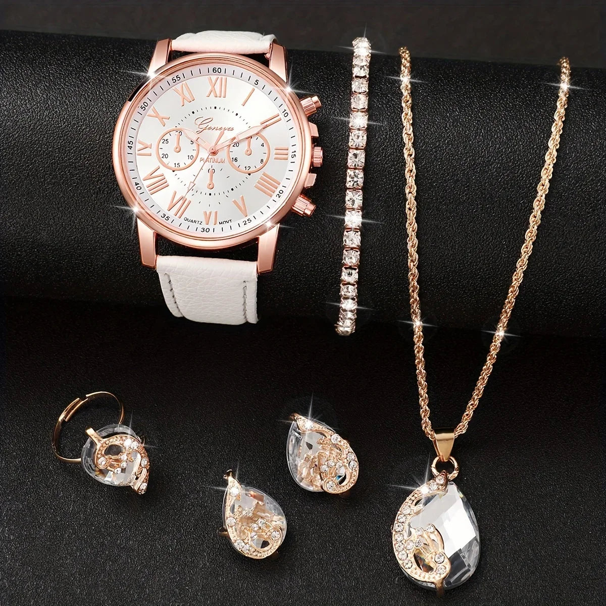 6pcs/set White Round Quartz Watch PU Leather Strap Zinc Alloy Pointer Zinc Alloy Case And Rhinestone Qme