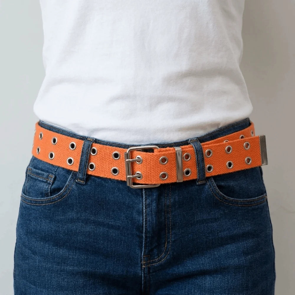 Outdoor Solid Canvas Waist Belt Double Row Nylon Woven Belts Metal Qme