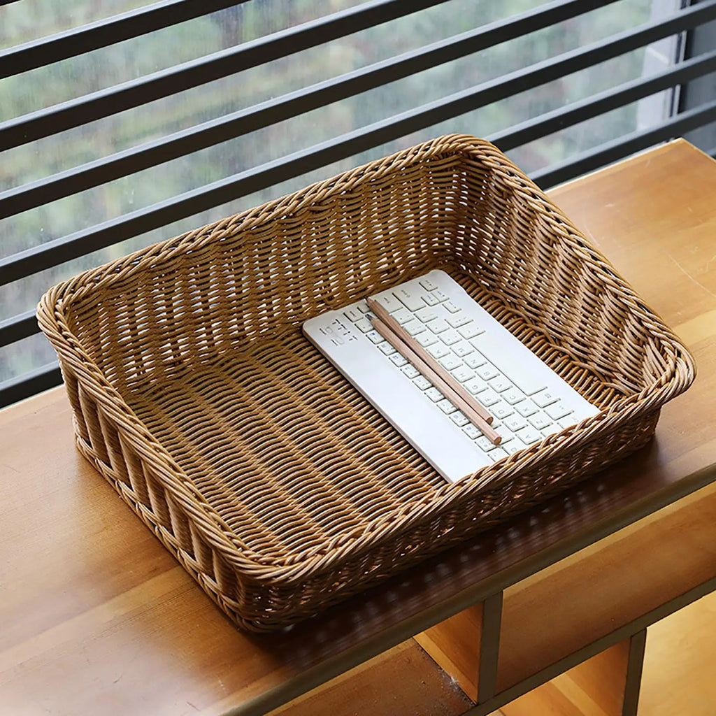 Hand-woven Storage Basket Rattan Tray Wicker Baskets Bread Fruit Food Qme