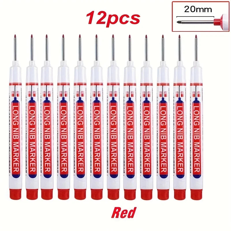12Pcs/Set Multi-Purpose 20mm Deep Hole Long Nib Head Marker For Metal Perforating Pen Waterproof Bathroom Woodworking Decor Tool Qme 12PCS Red