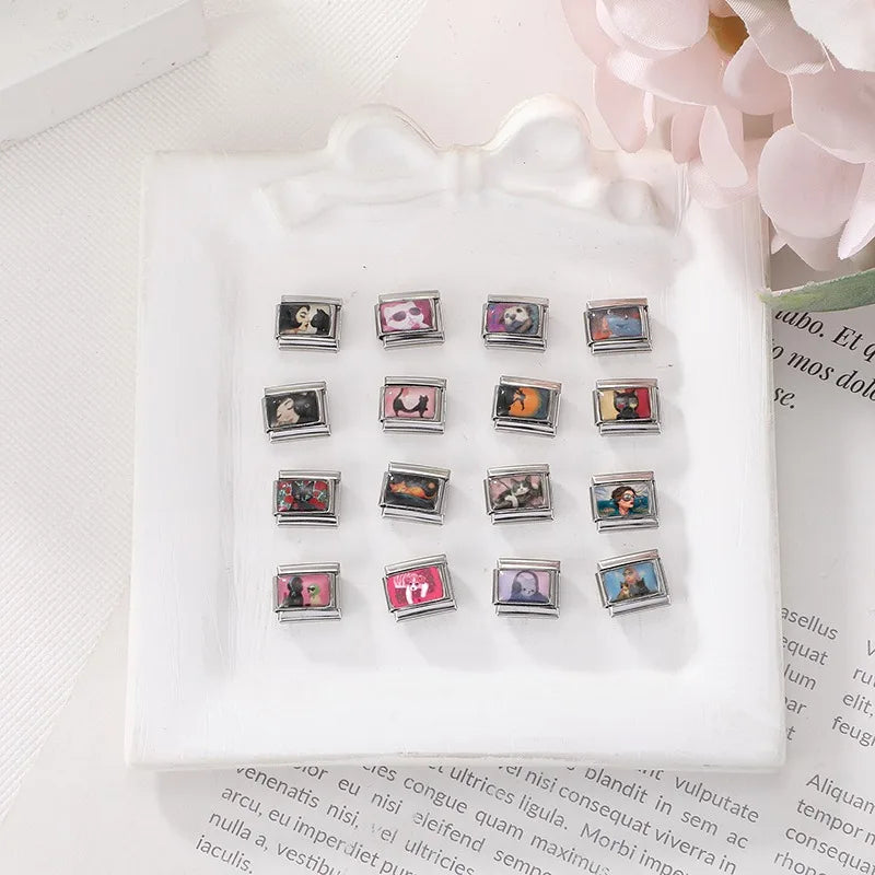 Wholesale Fashion Personalized DIY Colored Italian Charm Bracelet Red Rose Flower Cats Bead 9mm Bracelet Stainless Steel Jewelry Qme