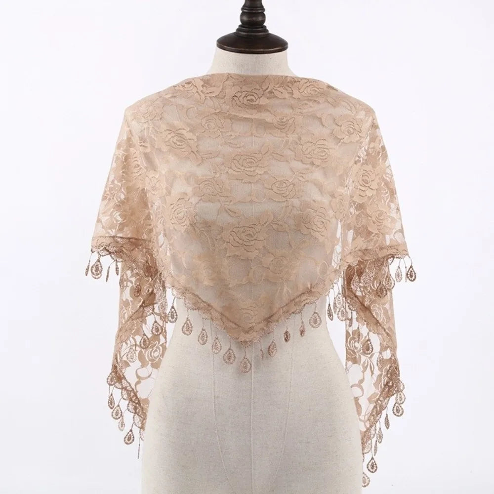 Sun Protection Lace Scarf Colorful Tassel Printed Wraps Hair Qme Khaki